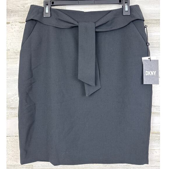 DKNY Womens 6 black Nikki Beach skirt lined pencil midi knee skirt tie front new - Picture 2 of 8